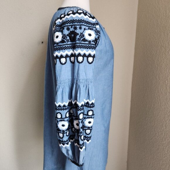 Ivy Jane Boho Dress XS Embroidered Puff Sleeve Chambray Relaxed‎ Southwestern - Picture 5 of 12